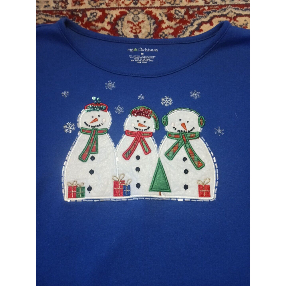Royal Blue Snowman Beaded Long Sleeve Knit Shirt